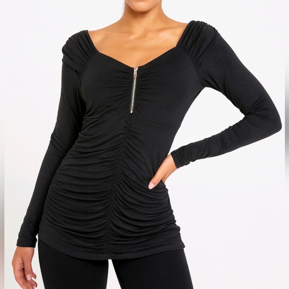 Boston Proper Top Black Ruched On / Off Shoulder Long Sleeve Size S